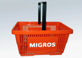 Einkaufskorb aus Kunststoff in Orange mit 28 Liter Fassungsvermögen und Einzelgriff für das Unternehmen Migros.